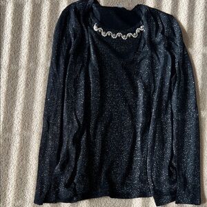 Black Glitter Long Sleeve Top with Embellished Neckline